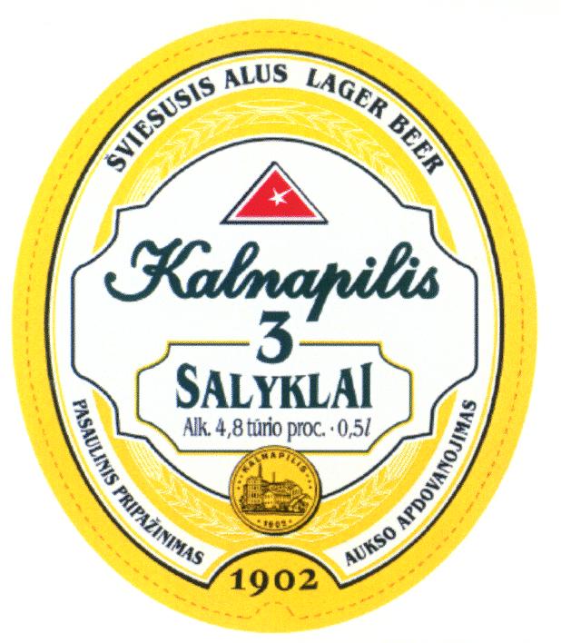Prekės ženklas: Kalnapilis 3 SALYKLAI ŠVIESUSIS ALUS LAGER BEER 1902